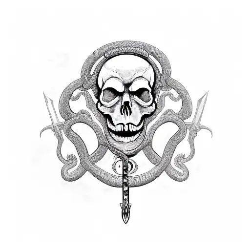 A Skull With A Snake Coming Out Of The Eye And Wrapping Around A Sword That Is In The Skull