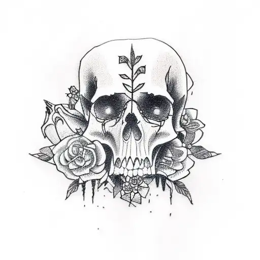A Traditional Tattoo Design Showcasing A Waterfall Surrounded By Flowers And Adorned With Skulls