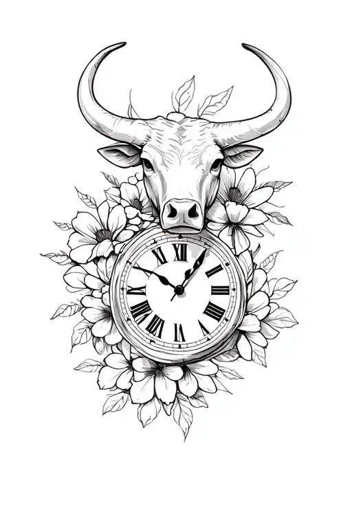 Bull's Head And Clock With Flowers