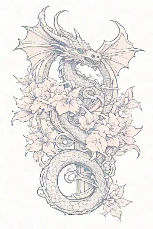 Dragon Wrapped Around Cross With Pink Flowers