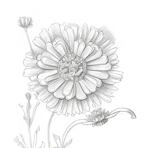 Small Line Drawing Of Bunch Marigold Flower And Cosmo Flower And Violets And Primrose