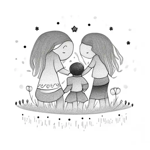 Mom And Child Holding Hands Surrounded By Memorial Stars