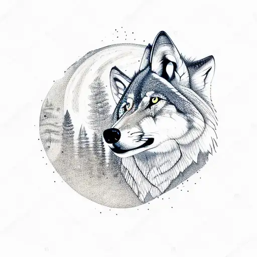 Wolf With Trees Pointing To Stars With Galaxy