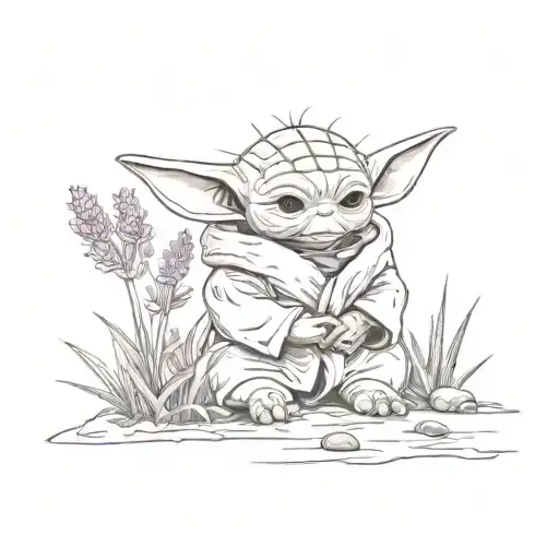 A Sketch Of A Serene Garden Landscape With Baby Yoda Meditating Under A Lavender Plant