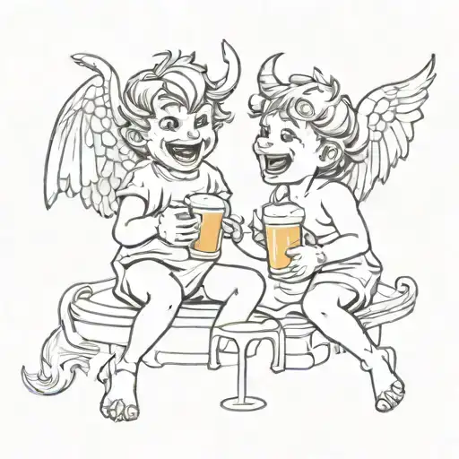 Little Angel And Little Demon Laughing Apart Drinking A Beer Sitting