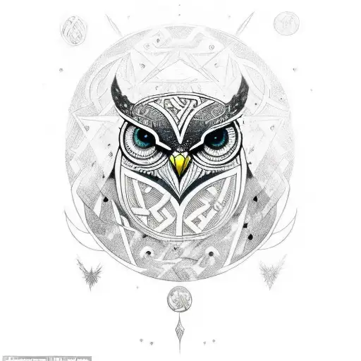 Norse Art Incorporating An Owl And A Design For A Galaxy With Runes And Mjolnir