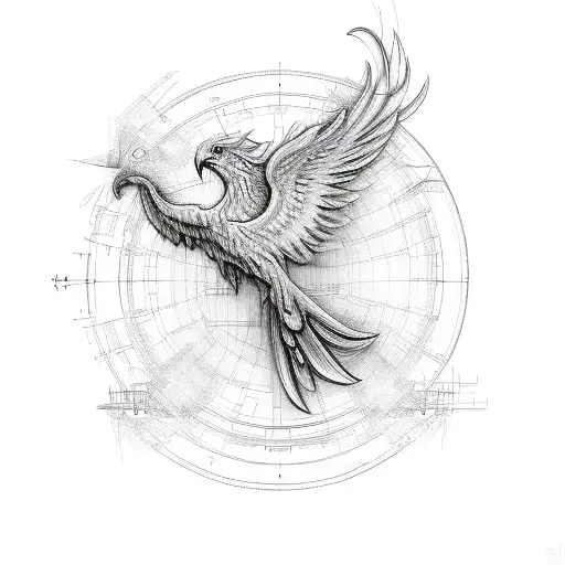 Combine A Phoenix And A Construction Blueprint With Musical Staff Lines Intertwined