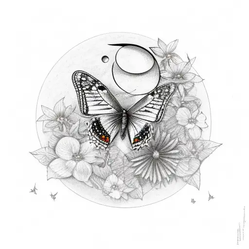 Butterfly With Flowers And A Little Moon And A Little Star In Black