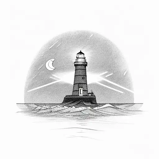 A Lighthouse Shining A Beam Of Light Onto A Ship At Sea