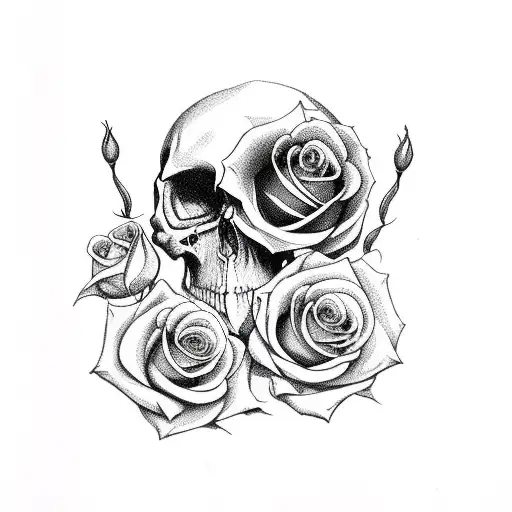 Long Revolver With Roses And Skull