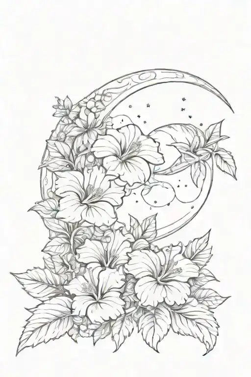 Crescent Moon Surrounded By Hibiscus Flowers Tattoo