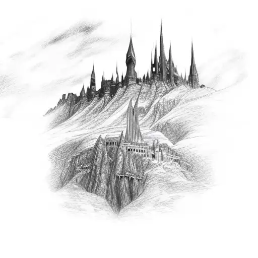 A Majestic Scene From The Lord Of The Rings Featuring A Towering Castle In The Background