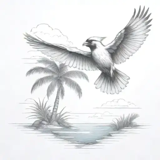 Flying Cardinal To The Ocean And Palm Tree
