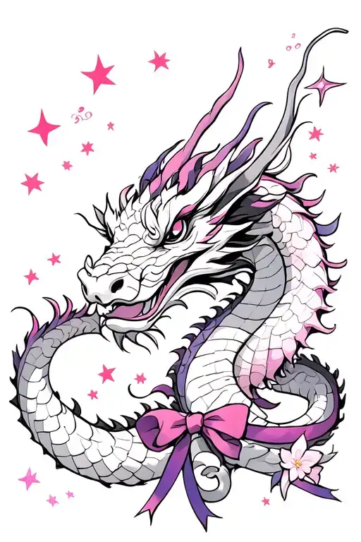 Dragon Chinese And Sakura Small Stars Ribbons And A Bow Of Color Pink Purple Black White