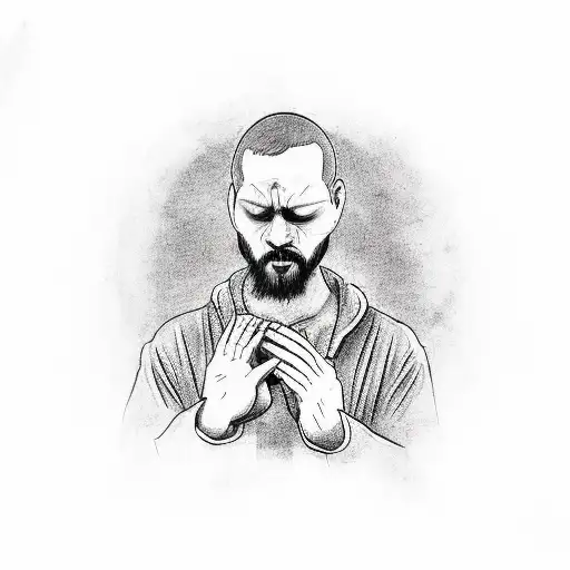 Guy Praying With A Cross In The Middle Of His Face