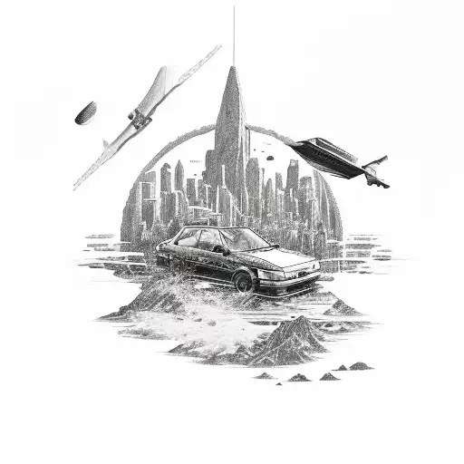 A Detailed Illustration Of A 1993 Nissan Pulsar N14 Hatchback Surrounded By Travel Landmarks