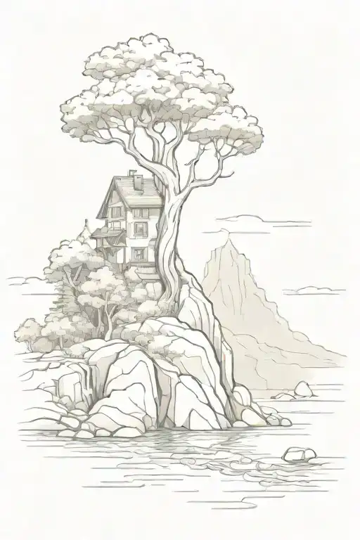 River With A Tree And House On Rock