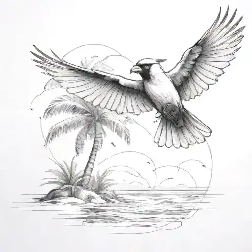Flying Cardinal To The Ocean And Palm Tree
