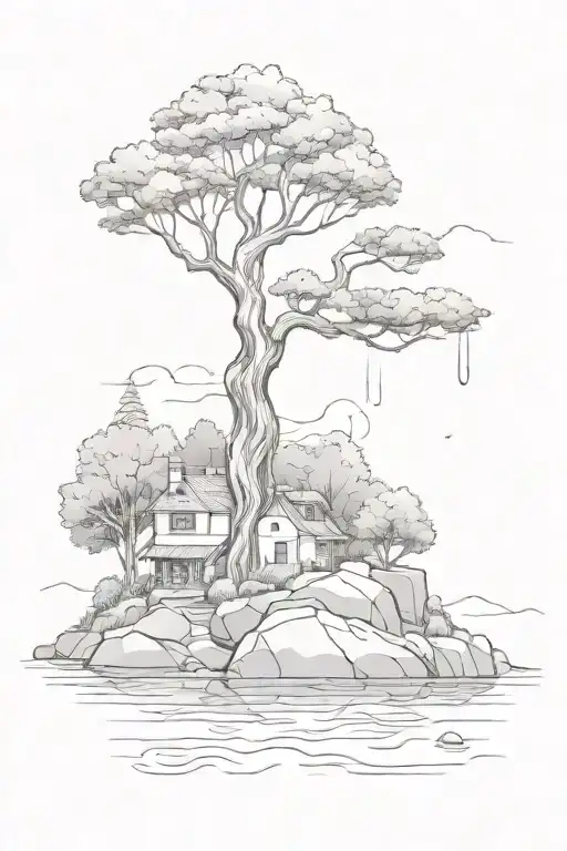 River With A Tree And House On Rock