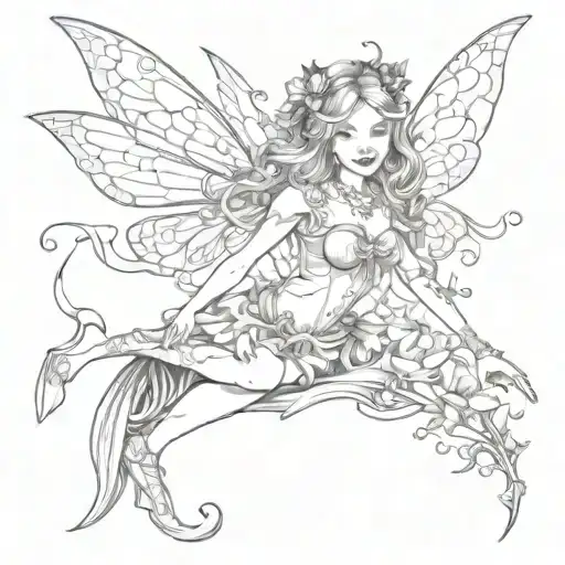 Fairy Magic Vintage Black And White Drawing