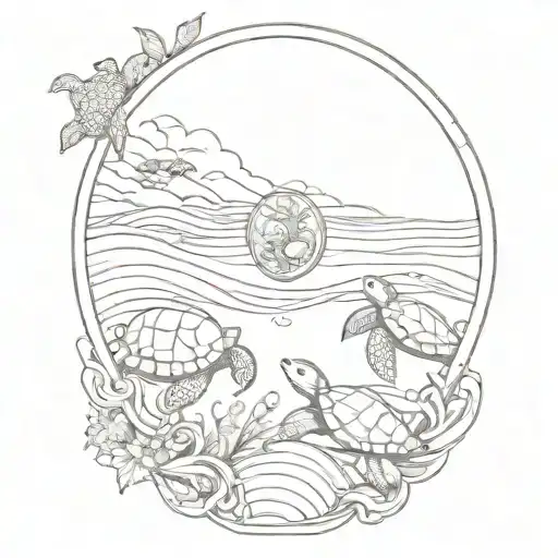 An Elegant Tattoo Of A Beauty Mirror Reflecting Ocean Waves And Turtles Swimming