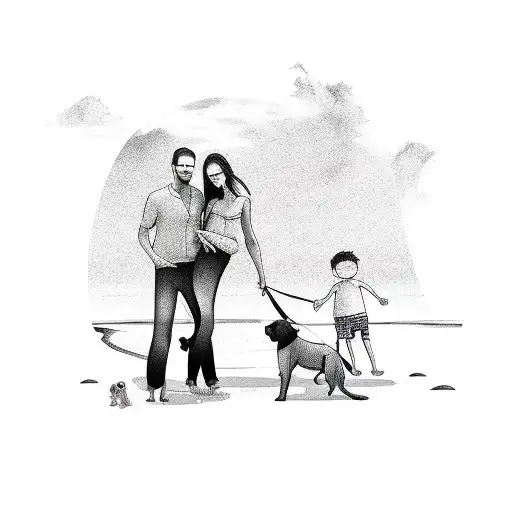 Couple On Beach With Baby And Dog