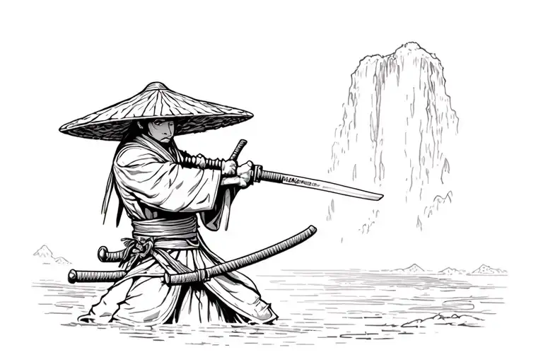 Japanese Ronin Wielding Katana And Wearing Strawhat Back Facing With Waterfall Behind