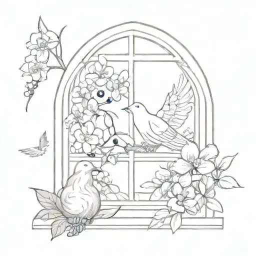 Dove In Window With Peaches And Blueberries And Orchids Blooming