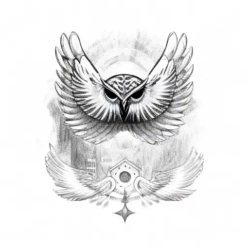 Tribal Owl With Wings Spread Holding Two Handguns In Its Feet