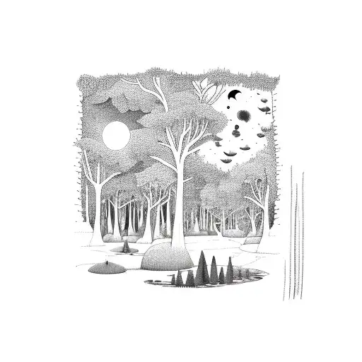 Forest With Moon Pond And Family Of Four