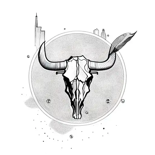 Bull Skull With Dogwood Petals And A Fountain In The Background With The Nyc Skyline