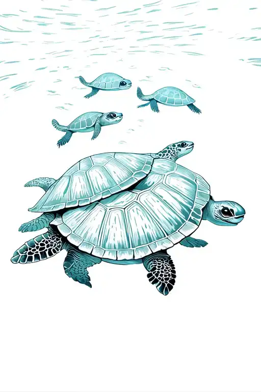 Polynesian Whaea Surrounded By Baby Turtles Swimming Together