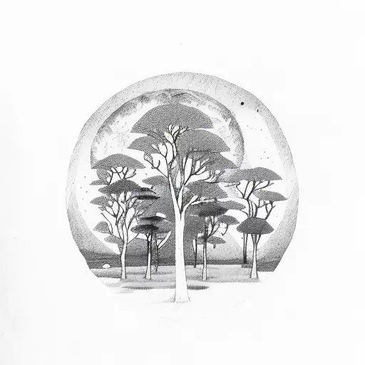 Forest With Moon Pond And Family Of Four