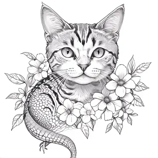 Cat Flowers And Lizard