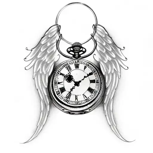 Pocket Watch With Angel Wings And Rose