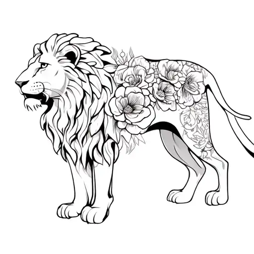 Lion And Flowers Thigh And Leg Sleeve Tattoo Design