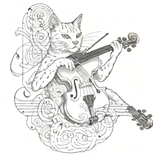 Cat Playing The Violin Surrounded By Music Notes Floating