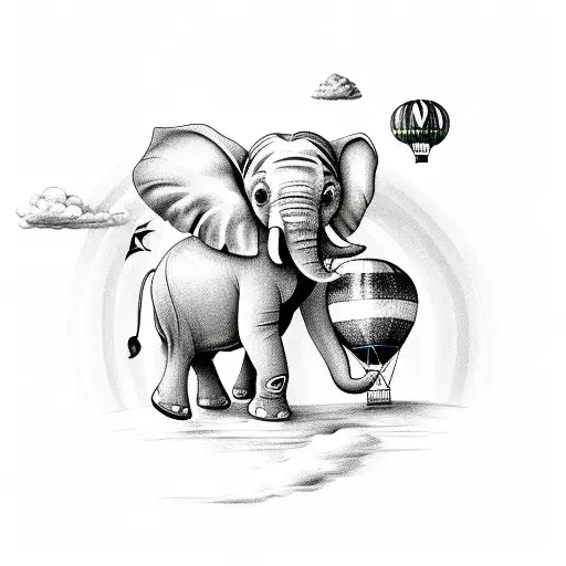 Baby Elephant Sitting On A Hot Air Ballon And Half A Rainbow Over Them