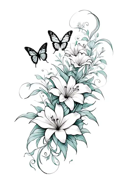 Elegant Fine Line Tattoo With Butterflies And Lilies For An Arm