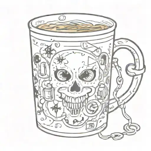 A Sketch Of A Unique Black And White Coffee Mug With Paranormal Symbols And Oddities
