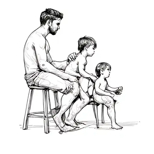A Man And Two Children Sitting On A Stool