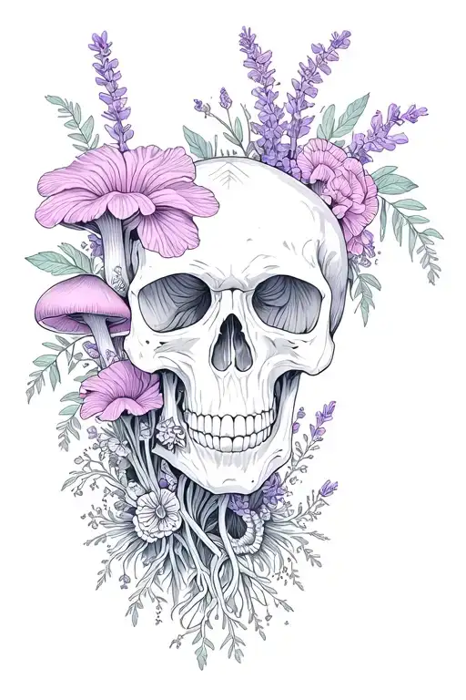 Bottom Mandala Design Above Mushrooms Flowers And Lavenders That Creates Illusion Of A Skull