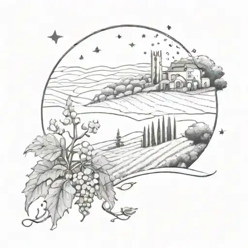 A Sketch Tattoo Of A Vineyard Landscape With A Scorpio Constellation Shining In The Night Sky