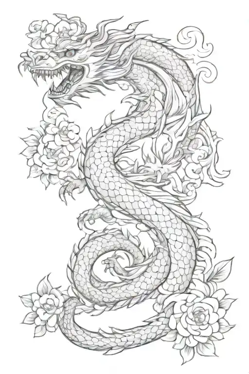 Oriental Dragon With Some Flowers Or Clouds Intertwining In It