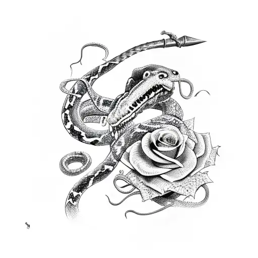 Sword With Snake Wrapped Around With Mouth Open And Roses Around
