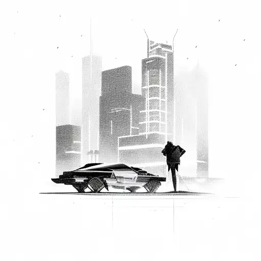 Downtown Night City From Cyberpunk With A Shadow Figure Meeting A Guy In Front Of A Blacked Out Car