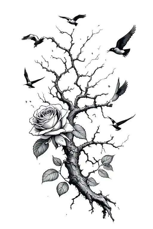 A Poison Tree With A Singular Wilted Rose And Birds Flying Away
