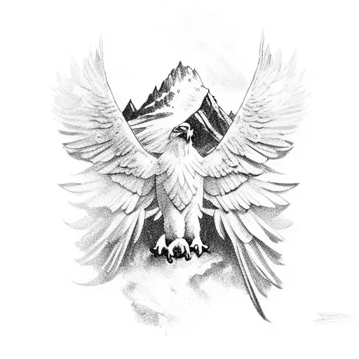 Eagle Wing With Rose And Mountain