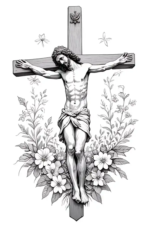 Jesus On The Cross Surrounded By Flowers Representing Growth