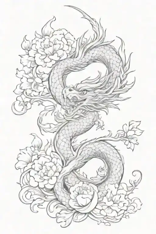 Oriental Dragon With Some Flowers Or Clouds Intertwining In It